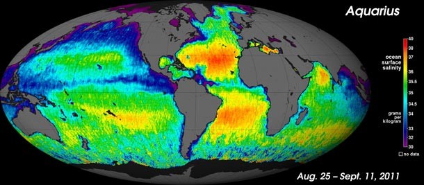 World map, with high levels of salinity in the Atlantic and less in the Pacific