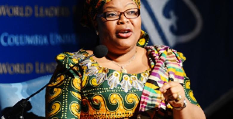Nobel laureate Leymah Gbowee at the Feb. 18 World Leaders Forum Image credit: Eileen Barroso/Columbia University Leymah Gbowee