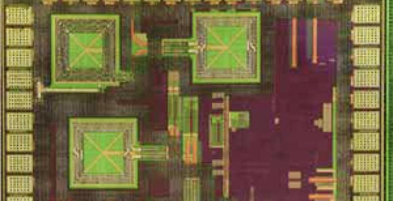 An image of a nanoscale chip engineered by Peter Kinget's lab. He is attempting to build self-powered sensors that run on tiny bits of ambient solar energy, using so little power that their batteries never need replacing. Close up of a battery