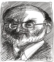 A sketchof a bearded Victor Navasky wearing glasses and a suit and tie