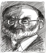 Victor Navasky, as drawn by illustrator Edward Sorel A sketchof a bearded Victor Navasky wearing glasses and a suit and tie