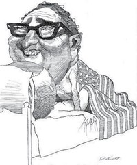 Illustrator David Levine famous cartoon depicts a naked Henry Kissinger on top of a woman who has a globe where her head should be. The two are in bed, draped in an American flag.