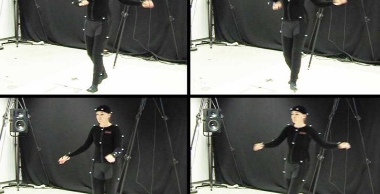 A modern Muybridge? Singer and composer, Mari Romarheim Haugen illustrates basic steps of the samba, while her movements are captured by an infrared camera. Four stills of a person dancing