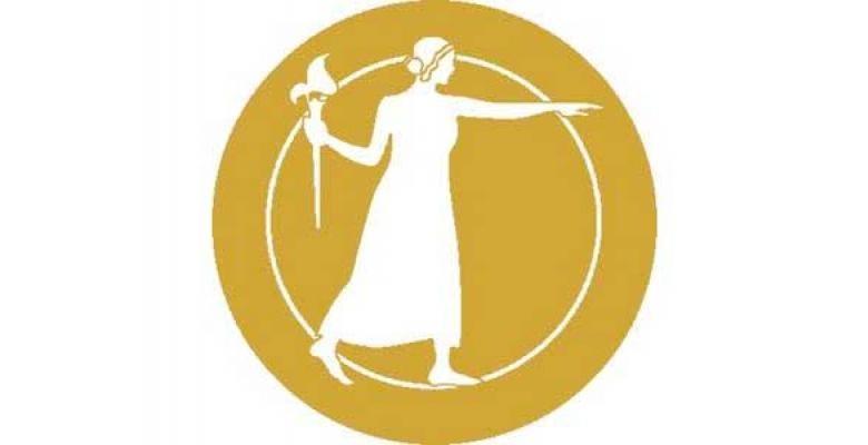 Logo of a woman standing in a gold circle