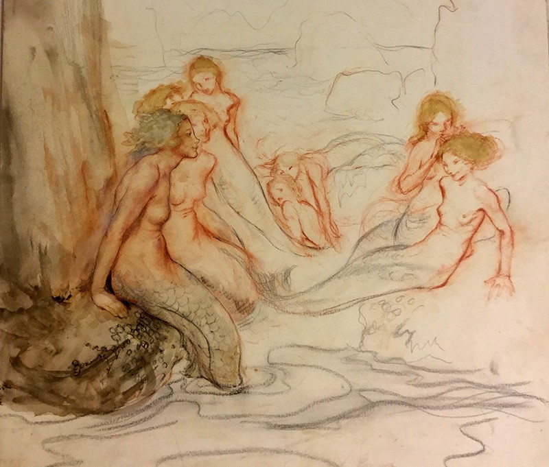 A minimalist sketch of eight mermaids laughing and dipping their tails into the water