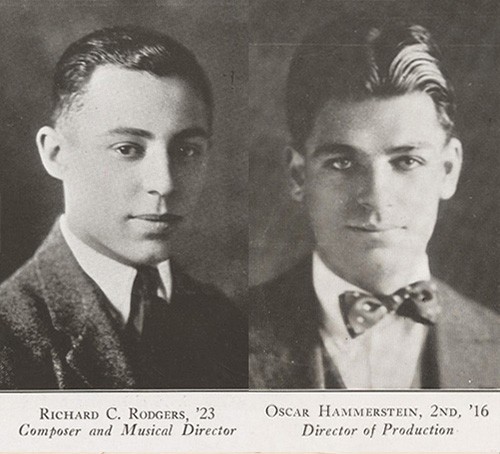 Side-by-side grayscale photographs of two young men, both wearing suits and ties