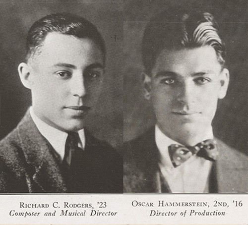 Columbia yearbook photos of Rodgers and Hammerstein Side-by-side grayscale photographs of two young men, both wearing suits and ties