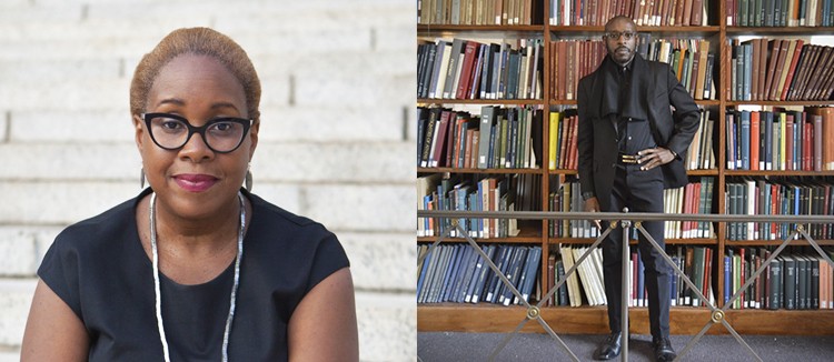 Headshot of Mabel Wilson and photo of Mario Gooden in front of a bookshelf.