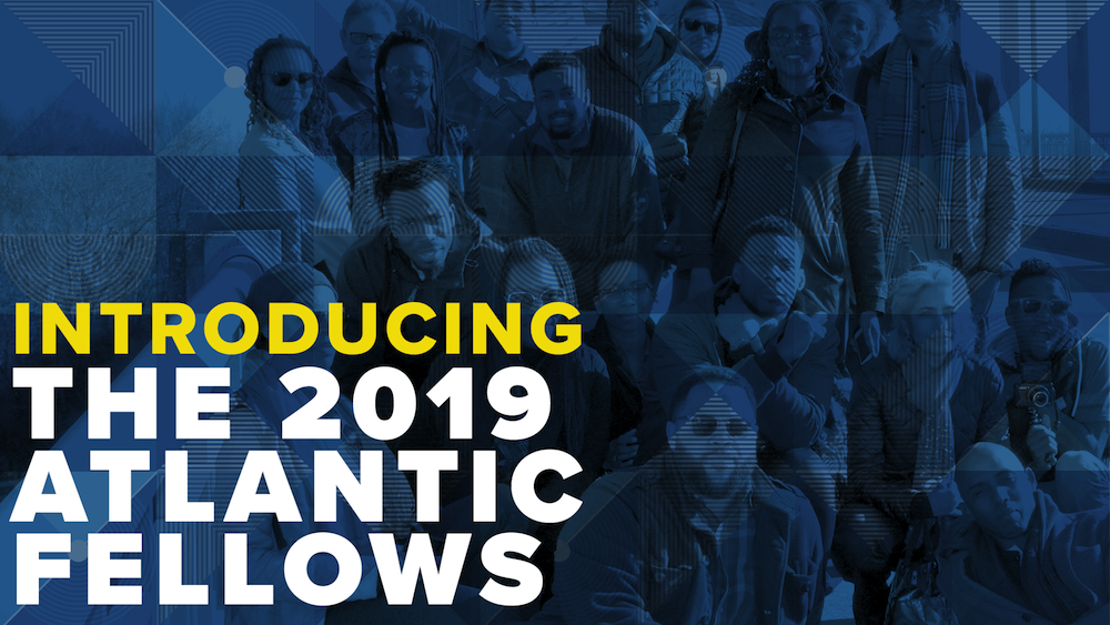 Graphic image with people in the blue background and the text saying "Introducing the 2019 Atlantic Fellows."