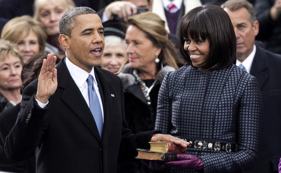 President Barack Obama and First Lady Michelle Obama at his second inauguration, January 21, 2013. President Barack Obama and First Lady Michelle Obama