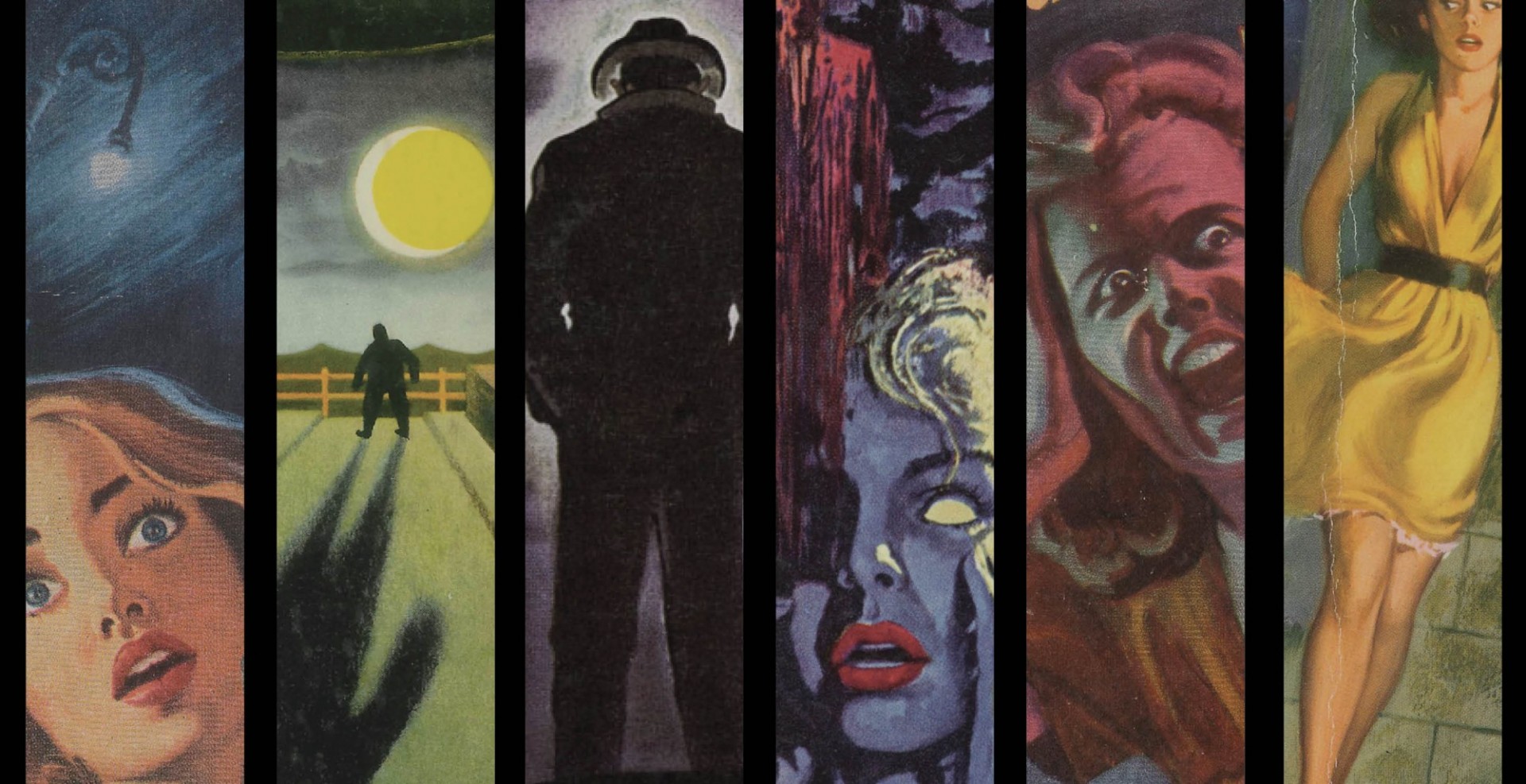 Collage of Cornell Woolrich book covers. Illustrated scenes from several noir indie films.