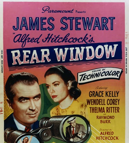 Movie poster of Rear Window featuring James Stewart and directed by Alfred Hitchcock.