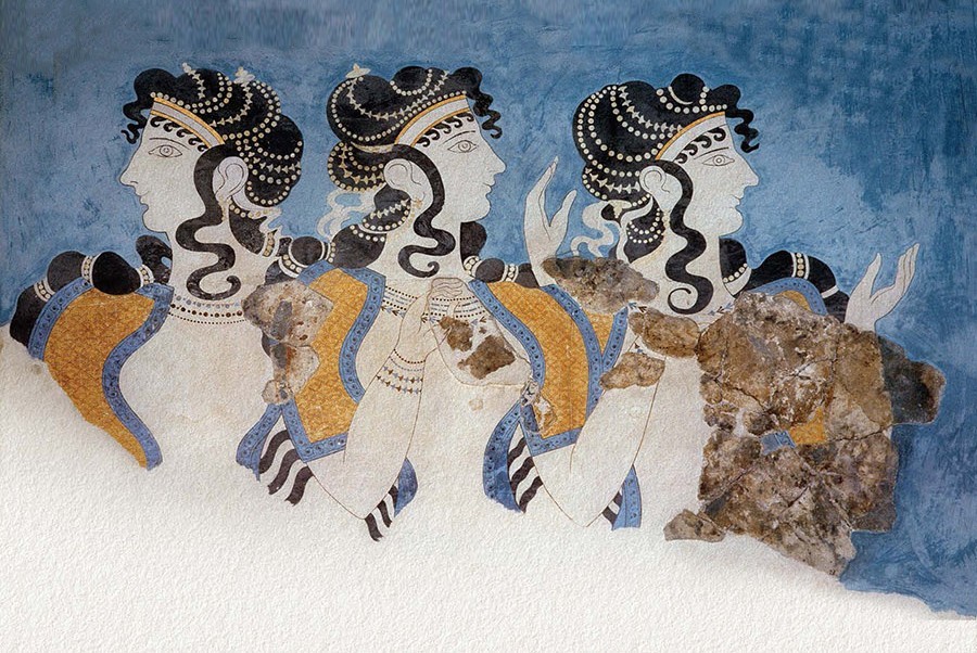 "Ladies of the Minoan Court," a fresco from the Palace of Knossos, c. 1500 BCE. A painting of three Minoan women against a sea blue background
