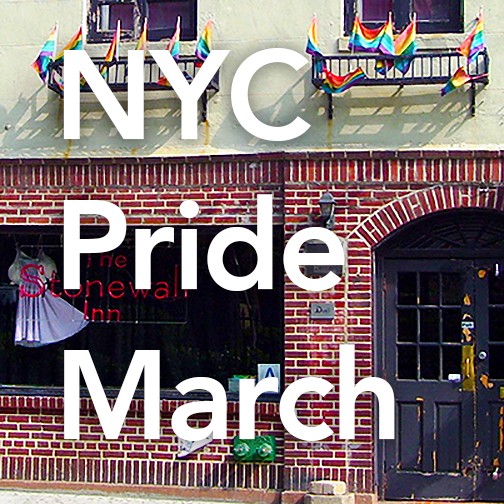 The Stonewall Inn red brick storefront with two windows on top surrounded by small rainbow flags.