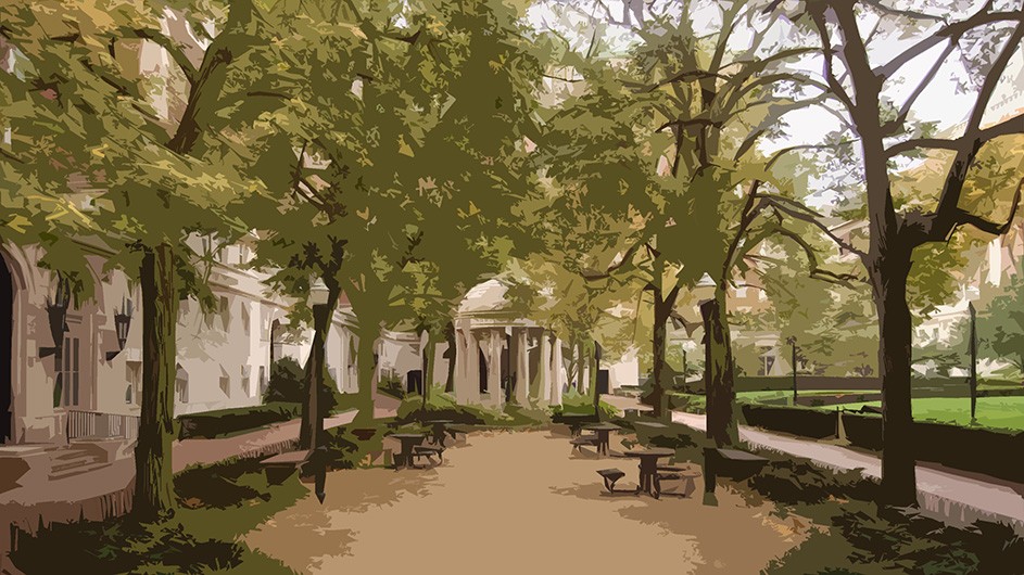 An illustration of the Hartley courtyard lined with trees on the sides all leading to a gazebo at the end of the courtyard.