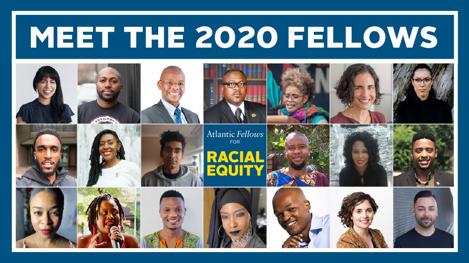 The 2020 Atlantic Fellows for Racial Equity. Graphic design by Anna Luiza Braga. A tiled image of 20 people who are the AFRE 2020 fellows