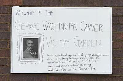 George Washington Carver Victory Garden sign outside the garden. Photo credit: Eileen Barroso Sign saying George Washington Carver Victory Garden