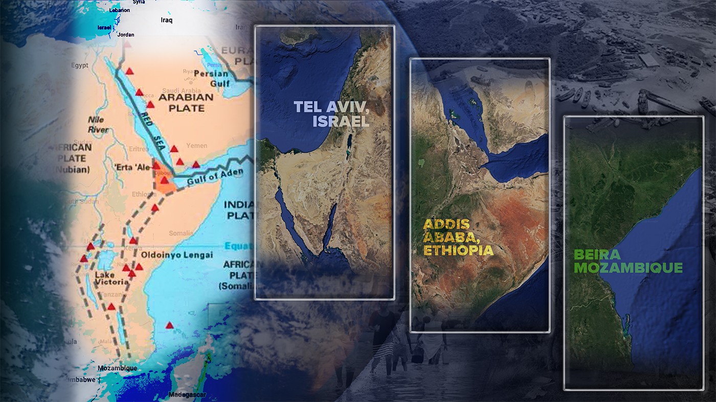 A map of the Middle East and Eastern Africa, highlighting Tel Aviv, Israel; Addis Ababa, Ethiopia; and Beira, Mozambique.