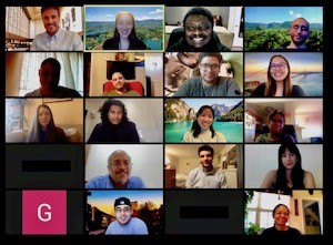 A Justice Through Code class on Zoom in April 2020. Zoom meeting with 20 blocks