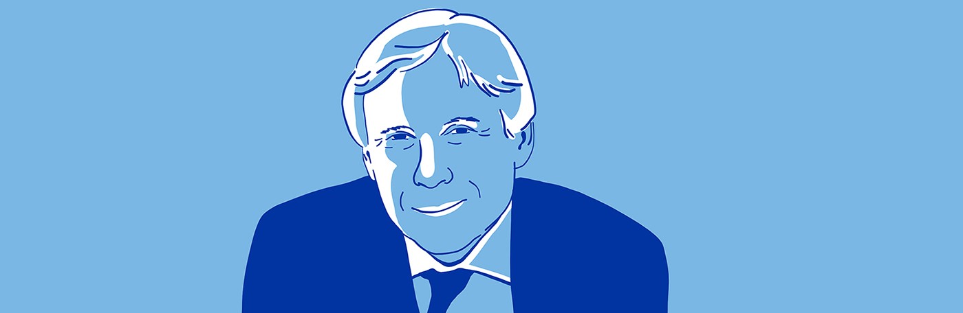 Illustrated image of Columbia University President Lee C. Bollinger in shades of blue.