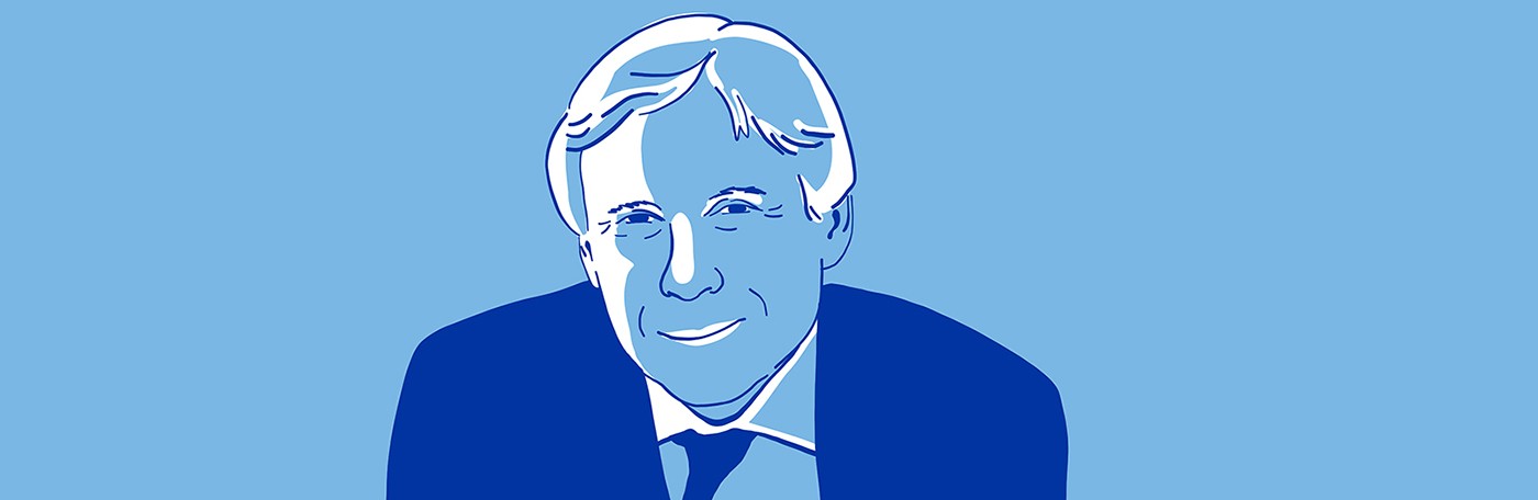 Illustration by Julie Winegard Illustrated image of Columbia University President Lee C. Bollinger in shades of blue.