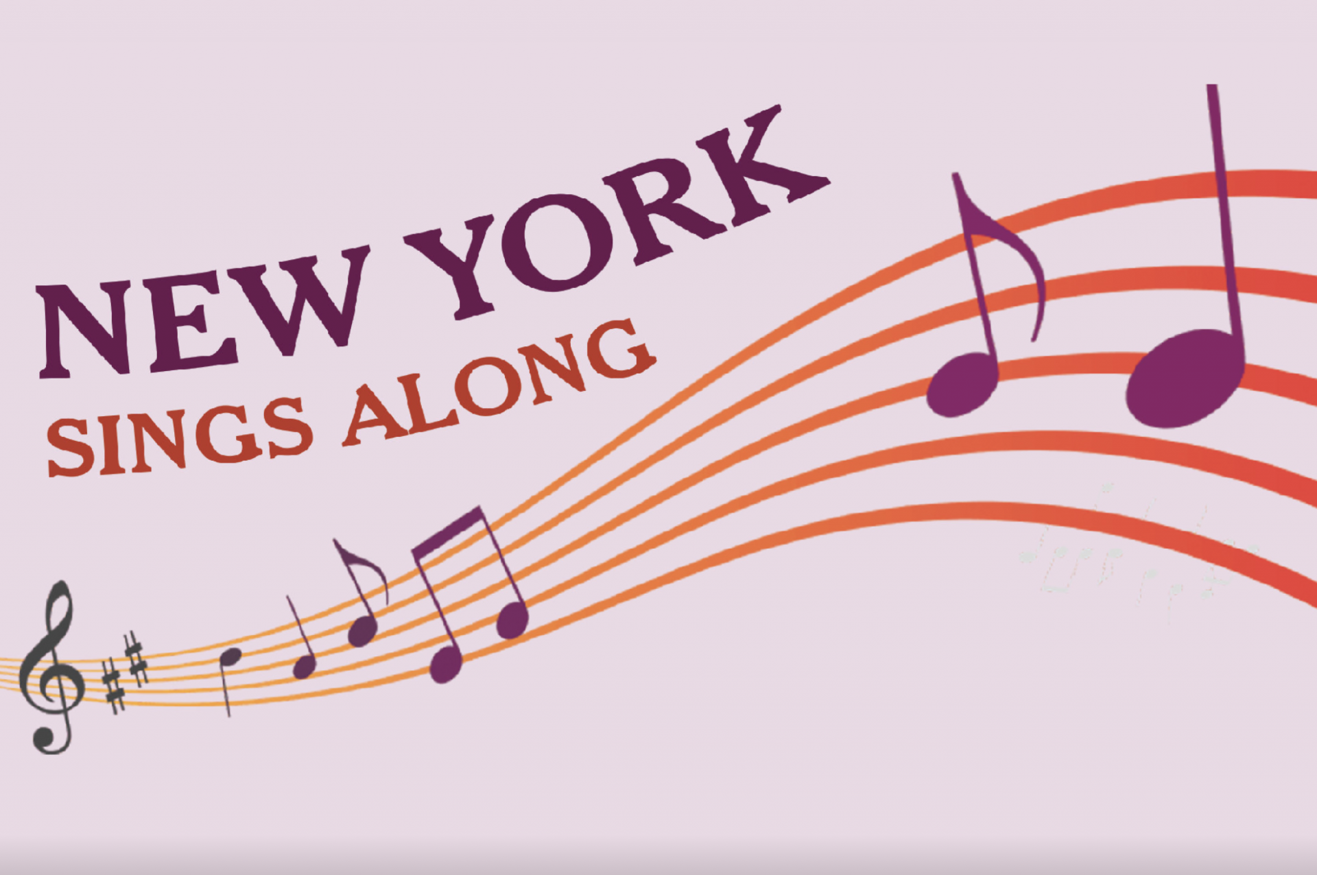 The New York Sings Along logo: A swooping musical staff that starts in yellow and turns red is filled with musical notes and sits on a pink background. Above it is the project’s name in purple and red.