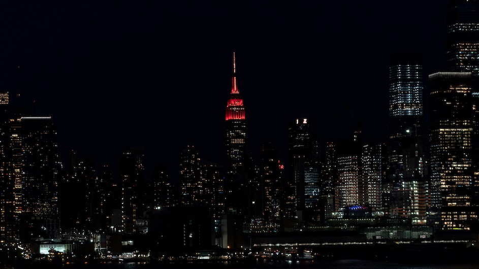 Empire State Building lit red in honor of healthcare workers on May 7, 2020. Photo credit: Lev Radin/Shutterstock Empire State Building at night lit red