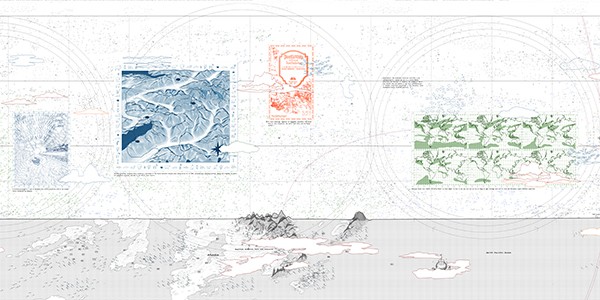 A detail of Ibrahim Kombarji's project on clouds. A colorful architectural drawing.