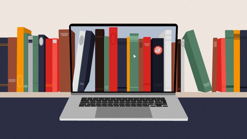 Illustration by Julie Winegard Illustration of spines of colorful books passing through a computer monitor.