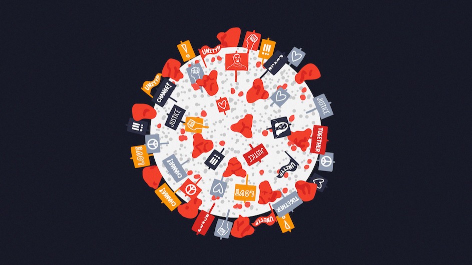 Illustration by Julie Winegard A globe that looks like the crown-shaped Covid virus with the crowns in the shape of protest posters.