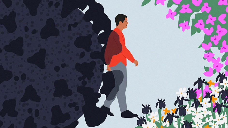 Illustration of a man walking out of the shadow that is shaped like coronavirus and into an area filled with light and colorful flowers.