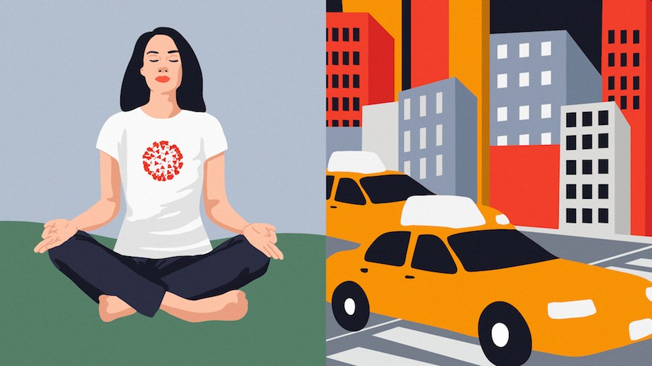 Illustration by Julie Winegard An illustration of a woman meditating on the left, and a taxi with buildings on the right.