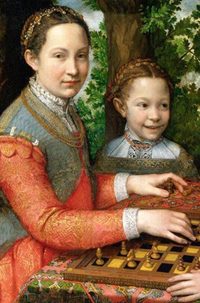 A detail of "The Chess Game," circa 1555, by Sofonisba Anguissola: A paintining of a woman and a young girl sitting in a wooded area wearing colorful clothing that might have been worn during the 1500s. The woman has a chessboard with chess pieces, one of which she is holding in her hand.