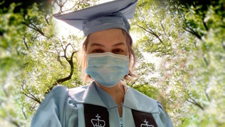 Orla Tinsley received her MFA in writing from the School of the Arts. Orla Tinsley: a woman wearing a cap and gown and a mask.