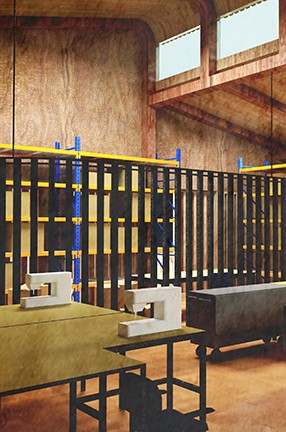 A project by Tola Oniyangi, which shows her design for a factory of the future, a sewing space with movable interior partitions. A view of a room with a table and other pieces of furniture.