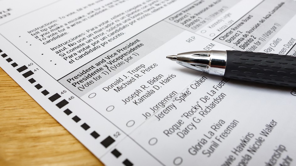 A close-up image of a presidential election ballot with some of the names of the candidates