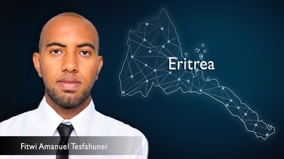 An image of a man with a dark beard in a white shirt and tie, against the backdrop of an astral image of the country of Eritrea.