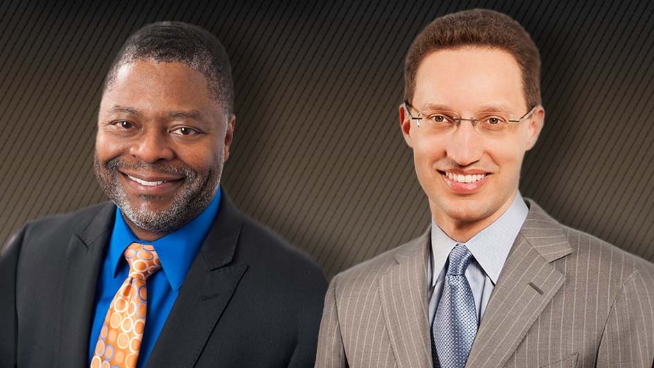 Duchesne Drew and Keith Goggin A composite image of two men--one in a dark suit and tie, one in a light suit and tie.
