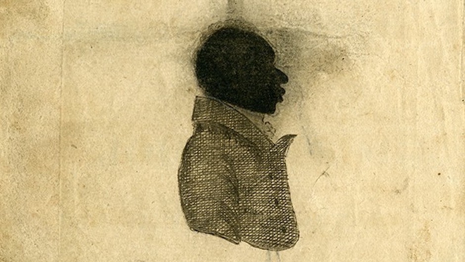 John Jea, a section of the frontispiece of “The Life, History, and Unparalleled Sufferings of John Jea, the African Preacher,” compiled and written by John Jae (Portsea, c. 1800), digital print of original document. Courtesy of the Rare Book & Manuscript Library An old illustration of a man in silhouette