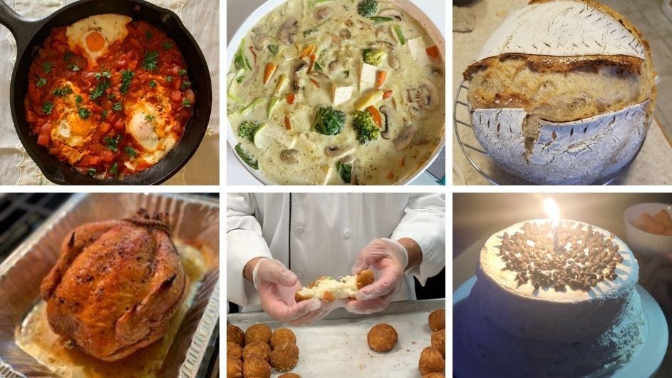 A composite picture of six photos of different dishes. Top left to right: tomatoes, herbs and eggs in a pan, a green curry, sourdough bread. Bottom left to right: roasted chicken, cheesy rice balls and a chocolate cake with a lit candle