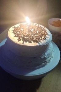 A photo of a cake with a one lit candle