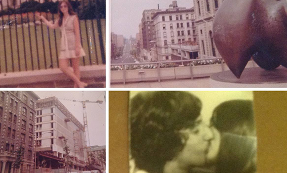A collage of four pictures of the Columbia campus and a couple kissing in a photo booth.