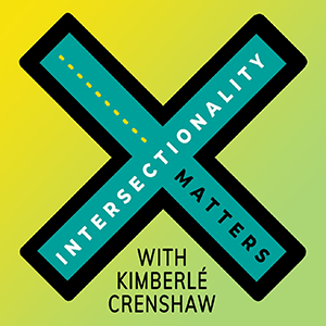 A yellow background with two blue roads converging in an "X" with the words "Intersectionality Matters!"