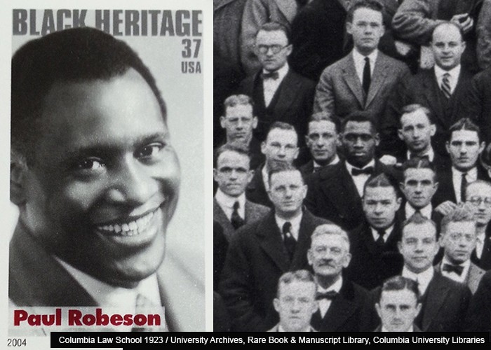 Paul Robeson on a stamp next to his class picture at Columbia.