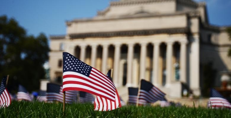 American flag memorial on lawn