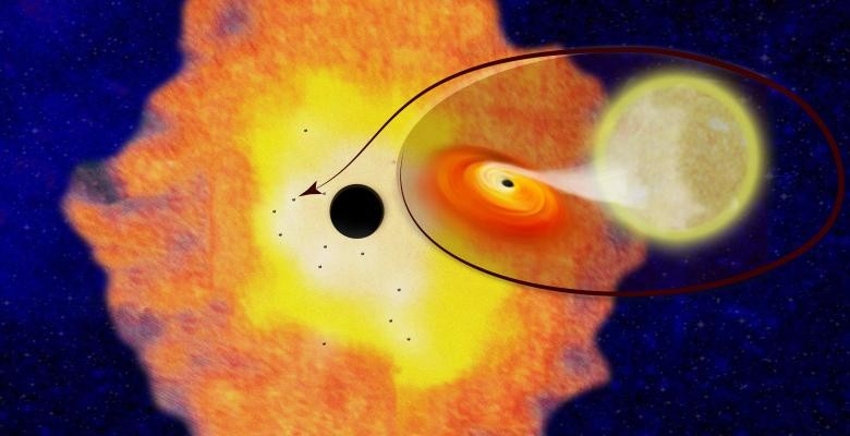 Columbia astrophysicists have discovered 12 black hole-low mass binaries orbiting Sgr A* at the center of the Milky Way galaxy. Their existence suggests there are likely about 10,000 black holes within just three light years of the Galactic Center. Illustration of a black hole in the Milky Way