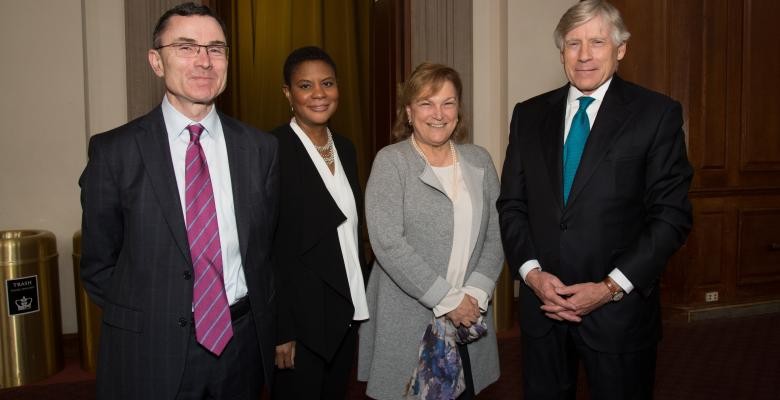David Madigan, Alondra Neilson, Guler Sabanci, Lee C. Bollinger stand in a row, smiling at the camera