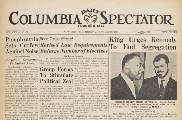 Image courtesy Columbia University Archives Martin Luther King Jr. in the Columbia Spectator
