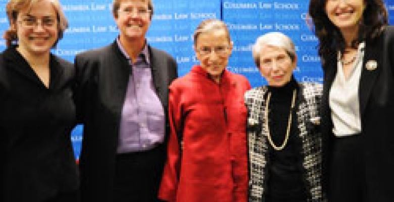 Gillian Metzger, Katherine Franke, Justice Ruth Bader Ginsburg, Ginsburg’s cousin Jacqueline Schonbrun, and Abbe Gluck (left to right). Ruth Bader Ginsburg