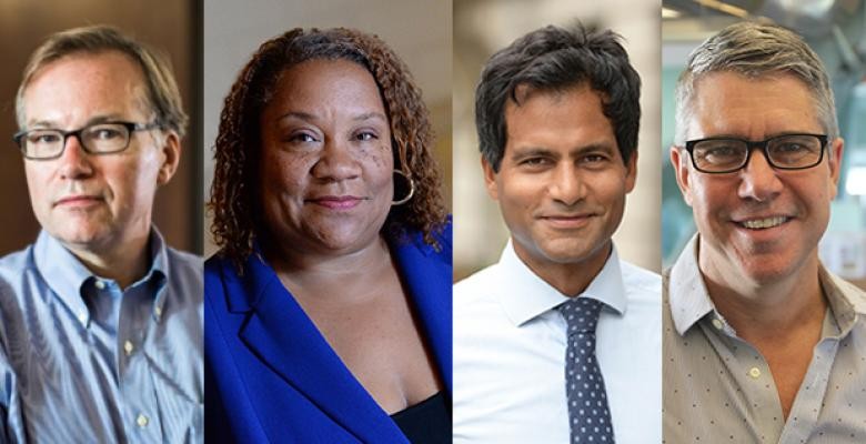 Steve Coll, Journalism School Dean; Dana Canedy, Pulitzer Prize Administrator; Jameel Jaffer, Director, Knight First Amendment Institute; and Kyle Pope, Editor in Chief, Columbia Journalism Review. headshots of Steve Coll, Dana Canedy, Jameel Jaffer, Kyle Pope